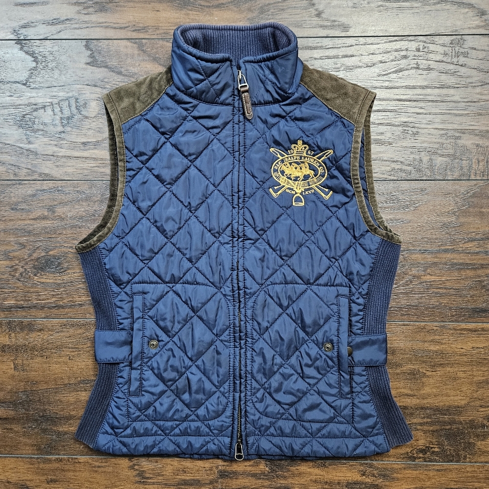 Y2K Ralph Lauren Sport Embroidered Equestrian Quilted Vest w/ Suede Shoulders